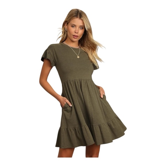 Lulus Dresses & Skirts - Lulus Olive Green Tiered Babydoll Dress Pockets XL